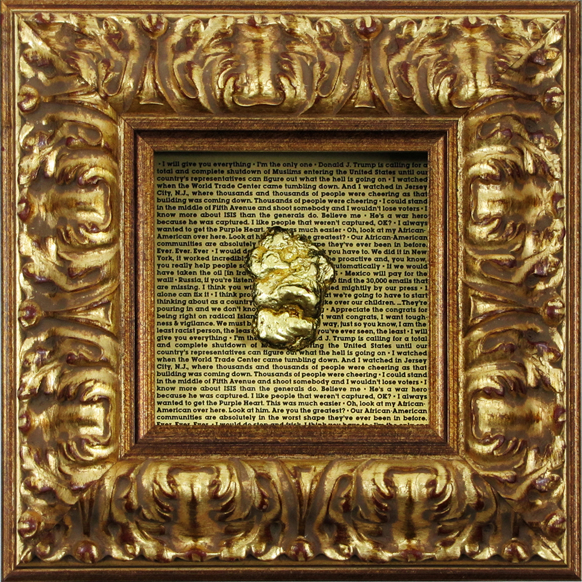 © 2017 Kim Lindaberry • 3D Assemblage Shadowbox: Coprolite, 24K Gold Leaf, Gilded Wood Frame, Etched Gold Tone Aluminum, 13" x 13" x 4"