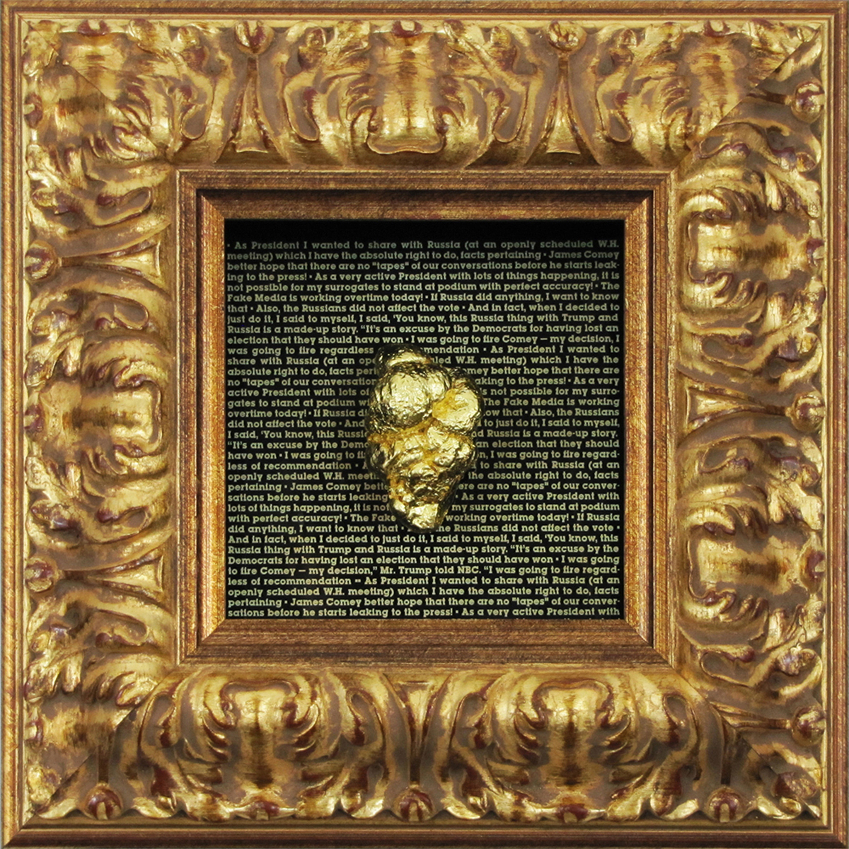 © 2017 Kim Lindaberry • 3D Assemblage Shadowbox: Coprolite, 24K Gold Leaf, Gilded Wood Frame, Etched Brass, 13" x 13" x 4.5"